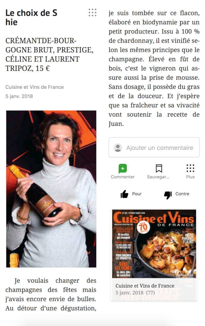 Article sur le Crémant de Bourgogne Prestige, Domaine Céline et Laurent Tripoz